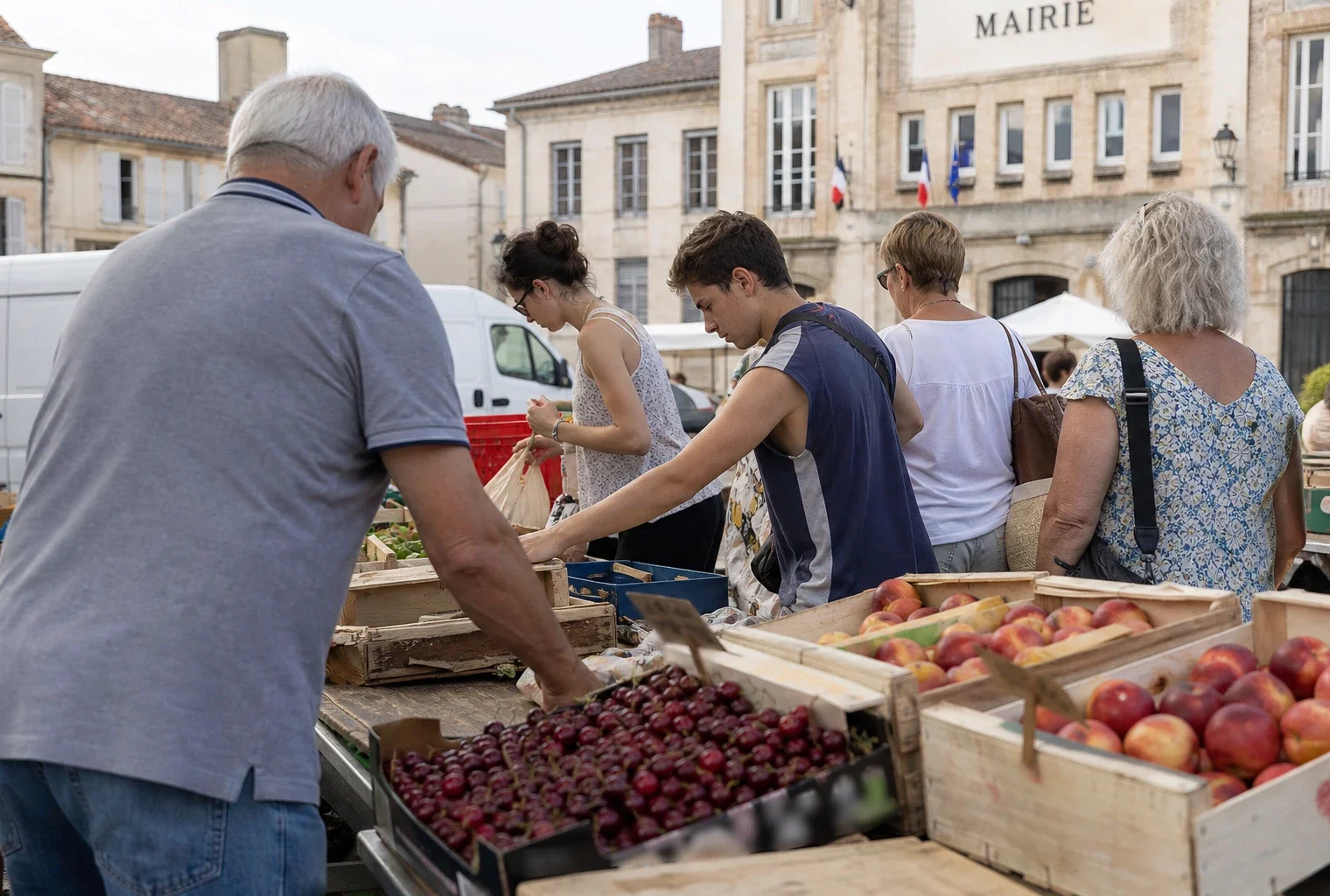 Marché de ville moyenne avec étals de fruits, agriculteur et passants anonymes sous une lumière naturelle