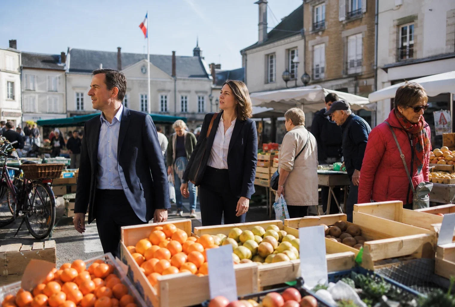 Reportage photo d’un marché de ville française avec deux responsables politiques anonymes au milieu des passants.