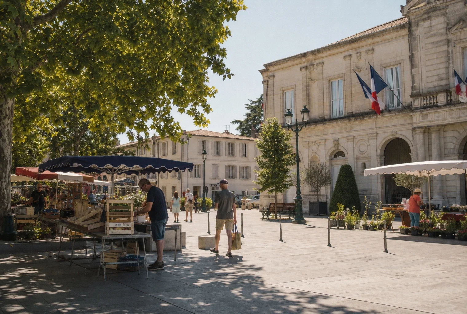 Marché d’une ville française en plein été, avec passants anonymes sous les ombres d’une place publique.