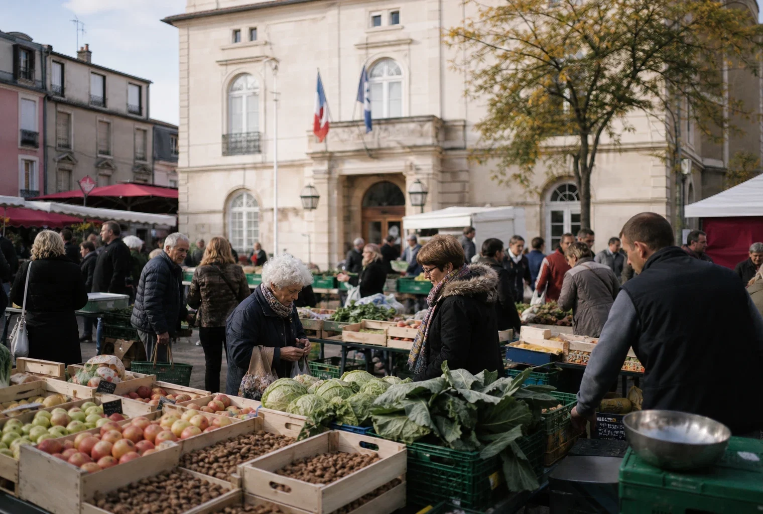 Marché d’une ville française avec producteurs locaux et passants anonymes, dans une ambiance claire de reportage.