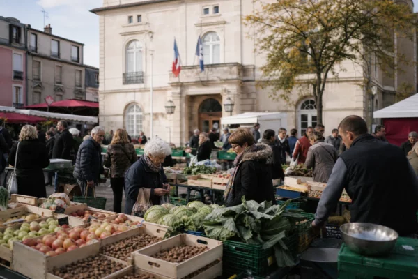 Marché d’une ville française avec producteurs locaux et passants anonymes, dans une ambiance claire de reportage.