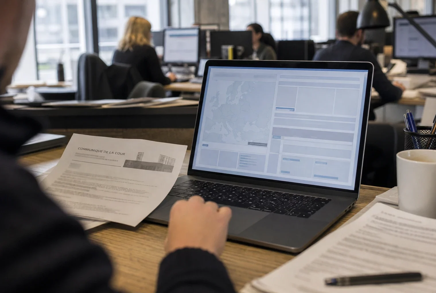 Vue de rédaction parisienne avec ordinateur affichant une interface abstraite et documents flous sur un bureau.