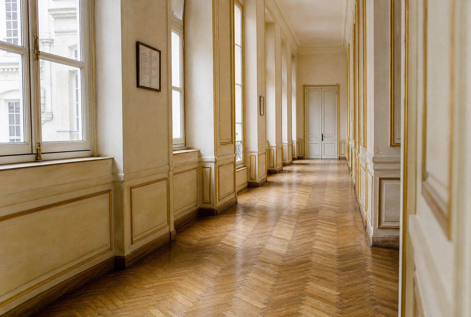 Couloir vide de Matignon en lumière naturelle, parquet ancien et moulures claires, ambiance institutionnelle sobre.