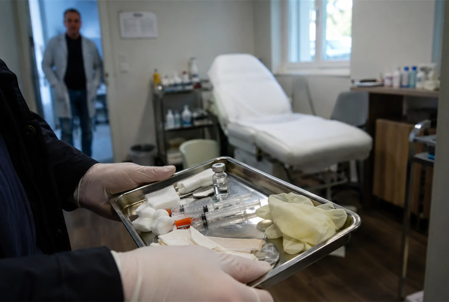 Plateau contenant des seringues et du matériel d’injection dans un cabinet de médecine esthétique sous contrôle.