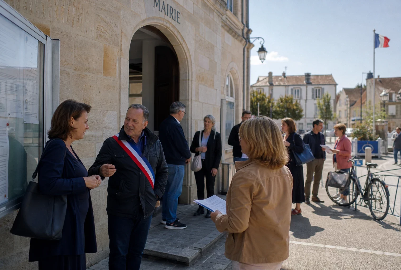 Des citoyens et élus anonymes devant une mairie de quartier, dans une ambiance civique claire et calme.