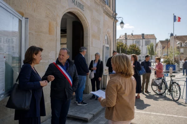 Des citoyens et élus anonymes devant une mairie de quartier, dans une ambiance civique claire et calme.