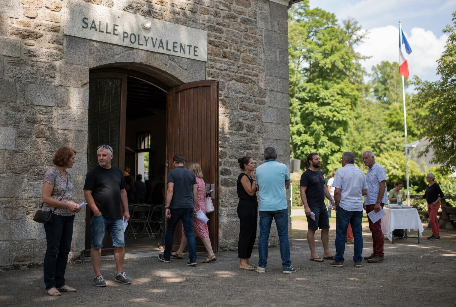 Devant une salle communale bretonne à Paimpont, des militants arrivent pour un meeting politique en plein été.