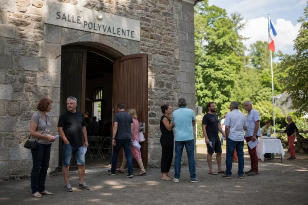 Devant une salle communale bretonne à Paimpont, des militants arrivent pour un meeting politique en plein été.