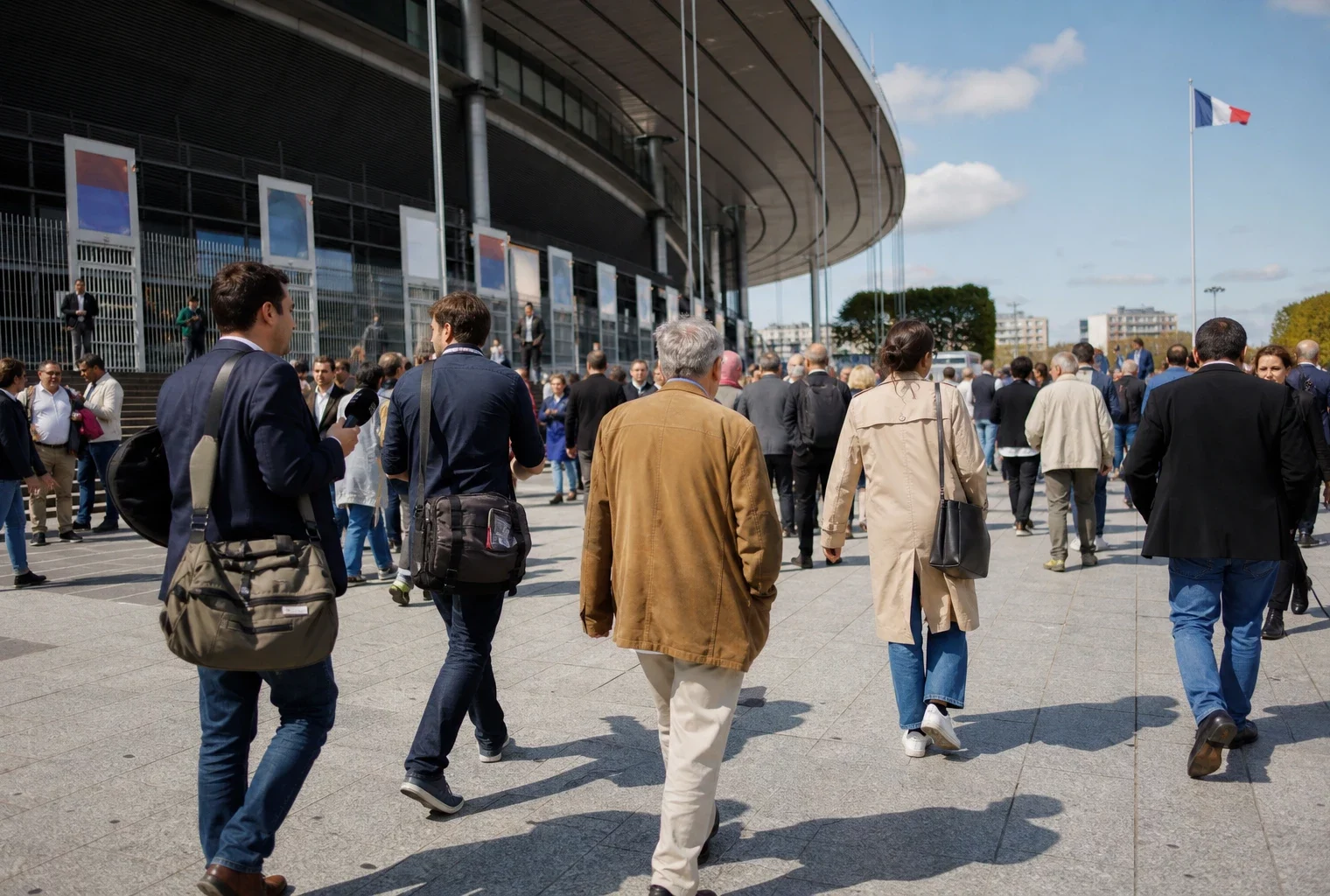 Des militants et des journalistes arrivent devant une grande salle parisienne avant un meeting politique