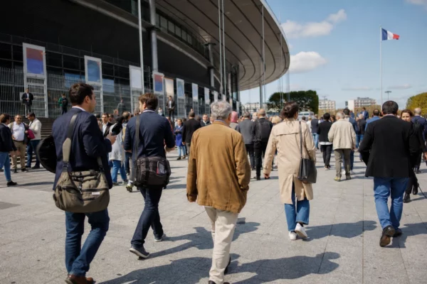 Des militants et des journalistes arrivent devant une grande salle parisienne avant un meeting politique