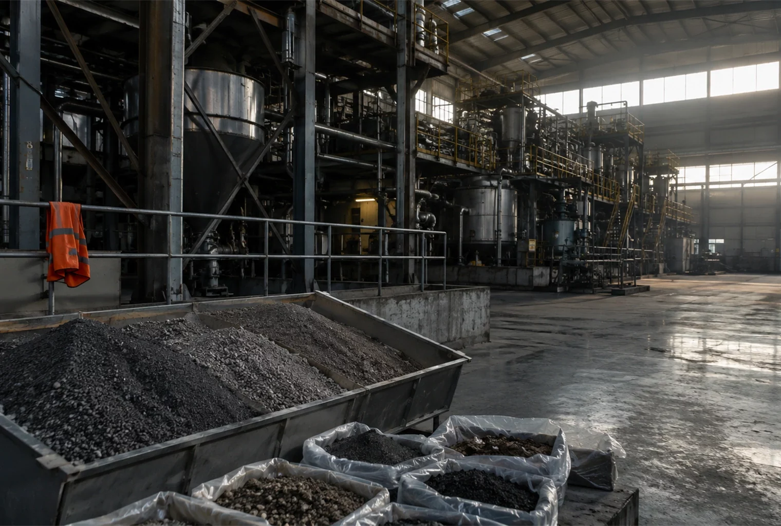 Vue intérieure d’une raffinerie industrielle anonyme avec des minerais gris dans des bacs métalliques, illustrant la dépendance française aux métaux critiques et la volonté de reconstruire une filière souveraine face à la Chine.
