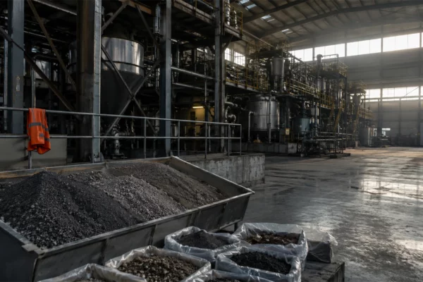Vue intérieure d’une raffinerie industrielle anonyme avec des minerais gris dans des bacs métalliques, illustrant la dépendance française aux métaux critiques et la volonté de reconstruire une filière souveraine face à la Chine.