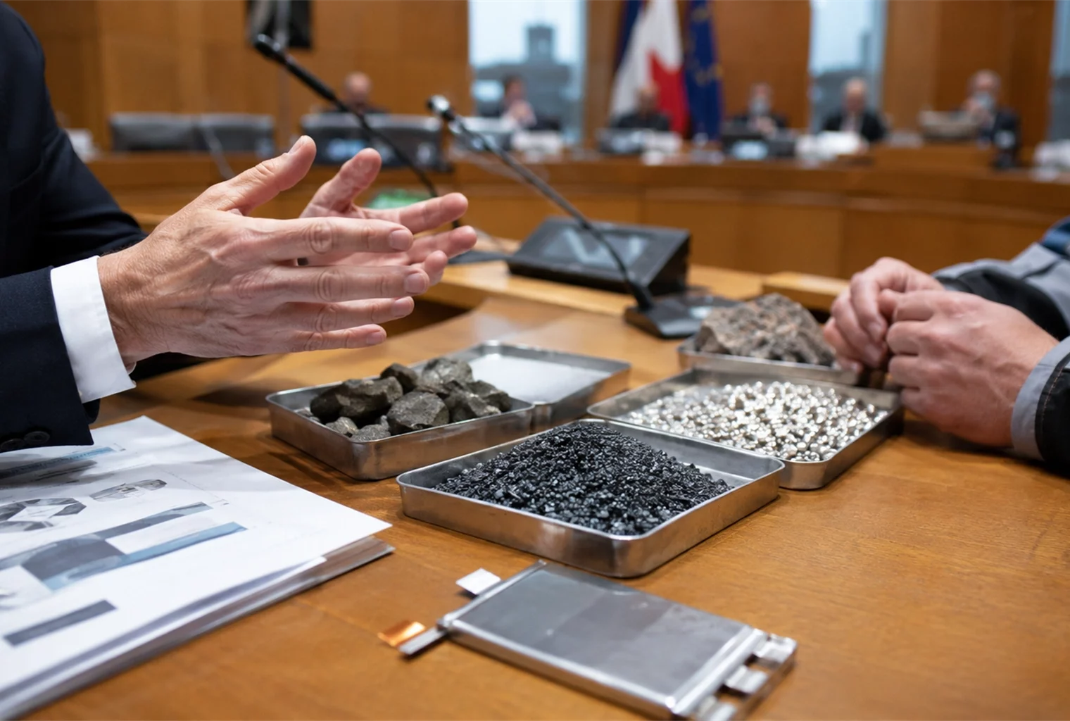 Échantillons de métaux stratégiques et composant de batterie présentés lors d’une réunion institutionnelle entre industriels et décideurs français.