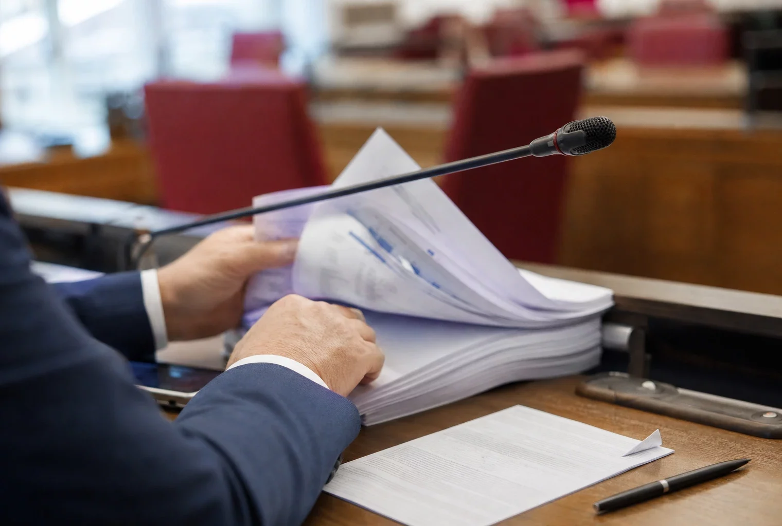 Maines anonymes feuilletant un dossier de commission avec micro de table dans un intérieur parlementaire lumineux