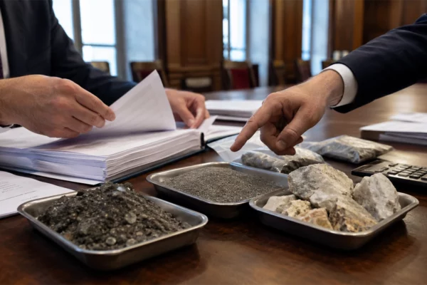 Des mains d’industriels examinent des échantillons de minerais et des dossiers financiers sur une table de réunion, illustrant les outils réclamés pour financer la filière française des métaux critiques sur le temps long.