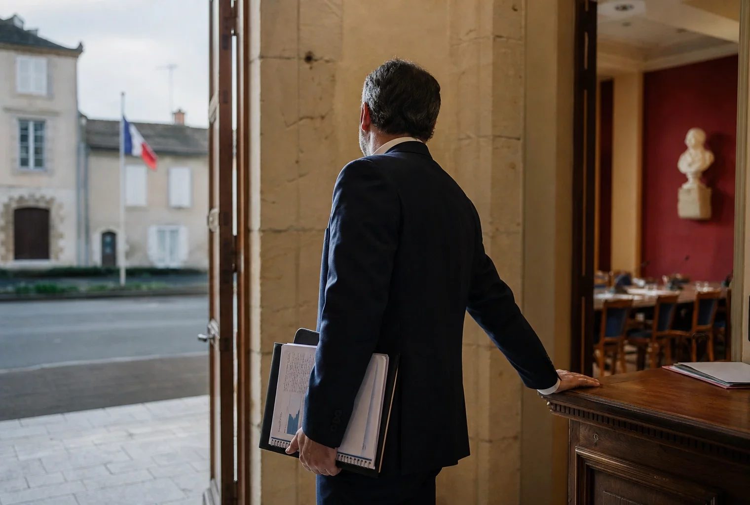Un élu local anonyme dans une mairie, carnet à la main, sur fond de rue calme et de salle municipale.