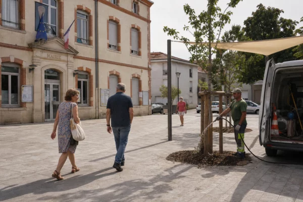 Place de mairie en ville moyenne, habitants anonymes et agent municipal près de jeunes arbres en été