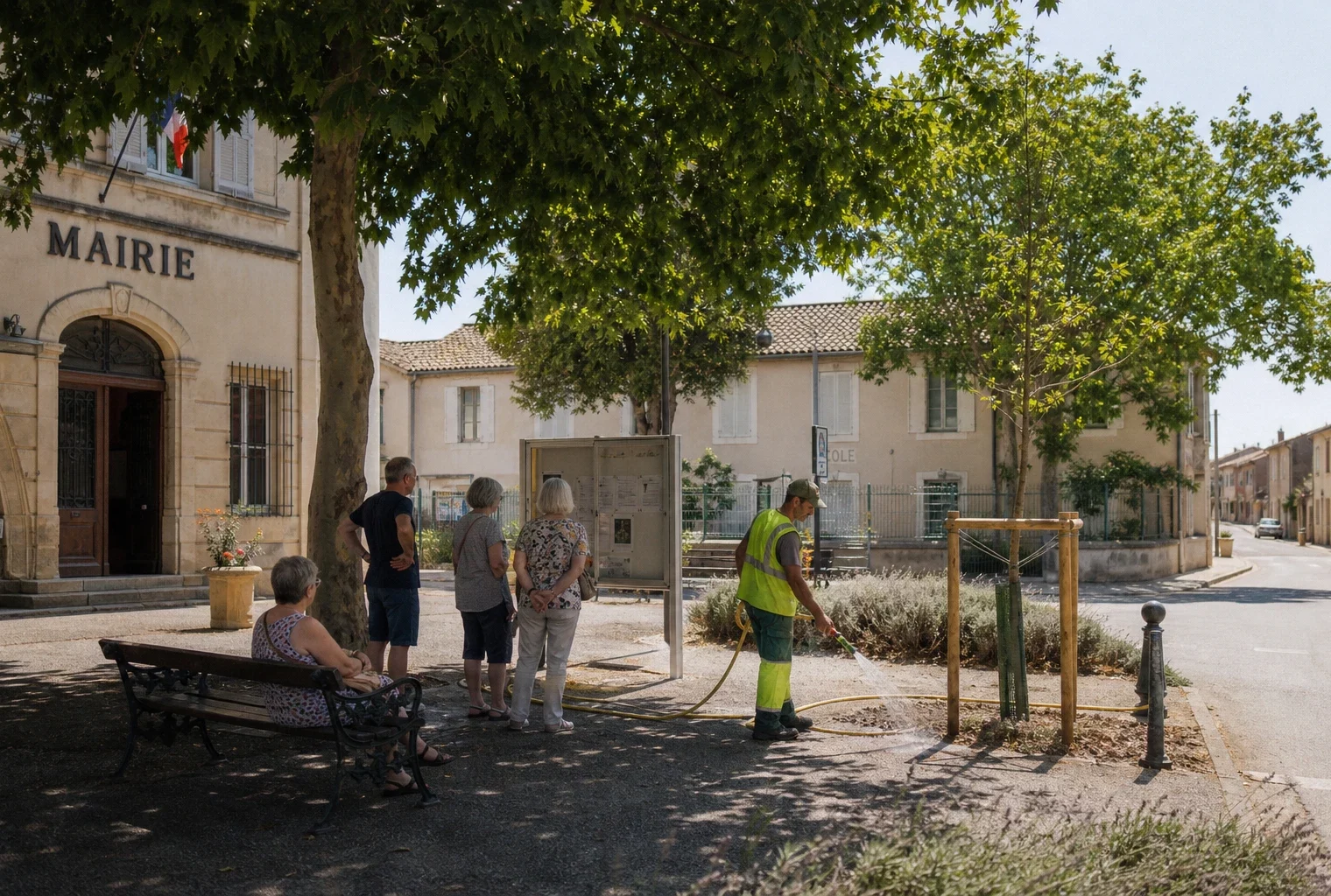 Place de mairie française en été, habitants anonymes, arbre d’ombre et travail municipal d’adaptation climatique