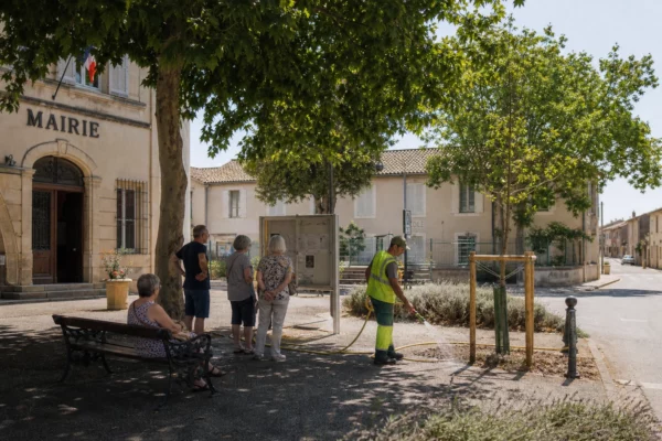 Place de mairie française en été, habitants anonymes, arbre d’ombre et travail municipal d’adaptation climatique