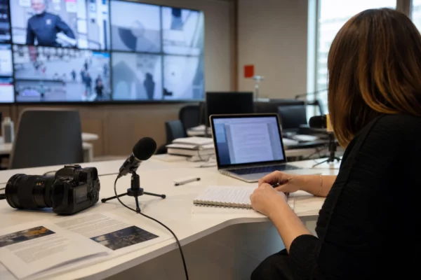 Journaliste dans une rédaction française préparant un article sur la chaleur dans les prisons, avec micro, ordinateur et documents flous.