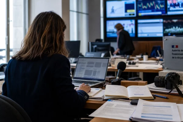 Reporters dans une rédaction parisienne avec caméra et écrans flous sur le financement de campagne.
