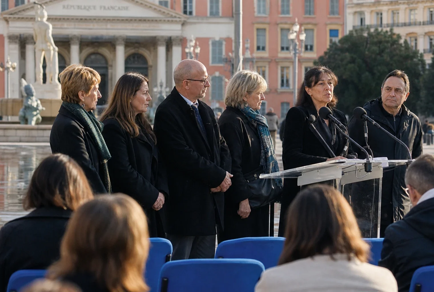 À Nice, des représentants d’associations de victimes prennent la parole lors d’une cérémonie commémorative.