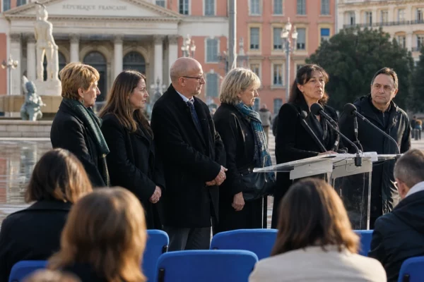 À Nice, des représentants d’associations de victimes prennent la parole lors d’une cérémonie commémorative.