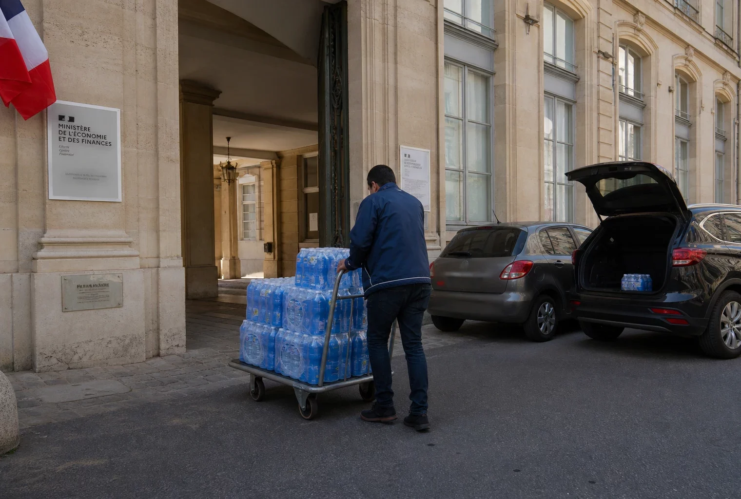 Cour d’un ministère parisien avec un livreur poussant des packs d’eau sous une façade en pierre claire.