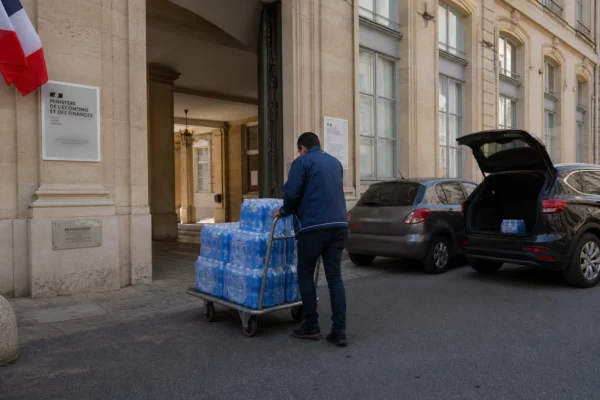 Cour d’un ministère parisien avec un livreur poussant des packs d’eau sous une façade en pierre claire.