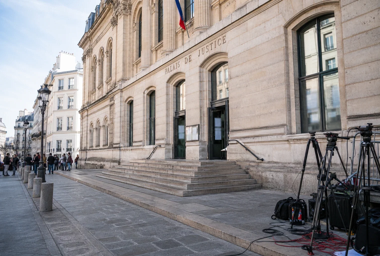 Façade du Palais de Justice de Paris sous une lumière claire, avec matériel de presse au premier plan.