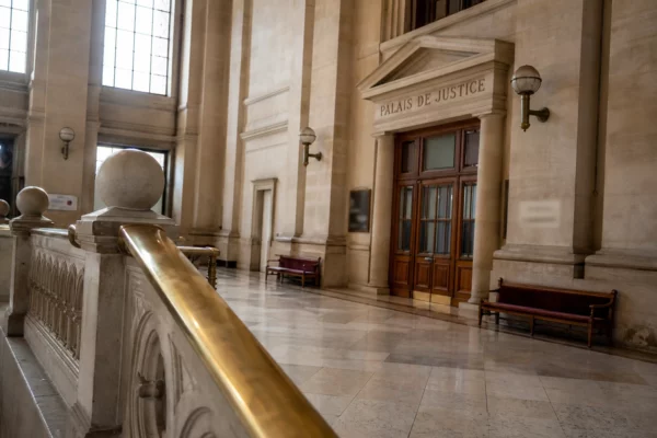 Intérieur lumineux du palais de justice, couloir vide en pierre et marbre avec signalétique institutionnelle discrète.