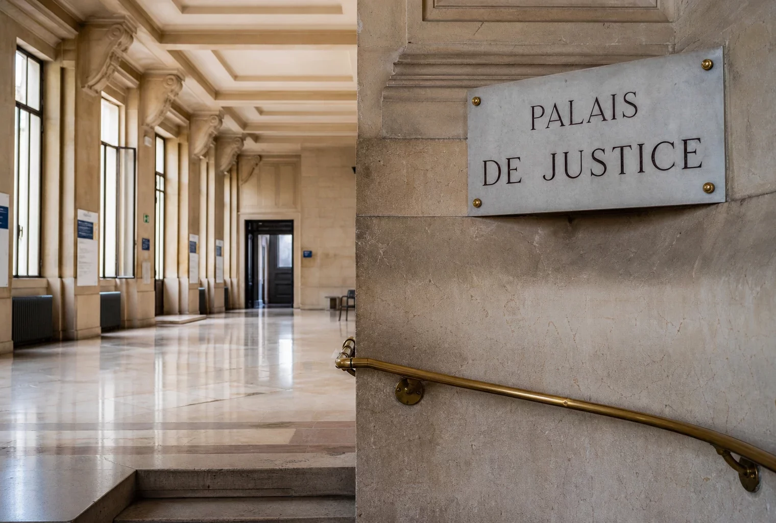 Intérieur lumineux d’un palais de justice parisien, hall vide en pierre et marbre sous lumière naturelle.