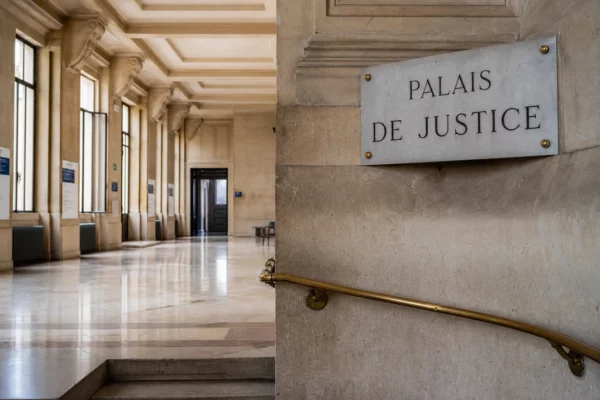 Intérieur lumineux d’un palais de justice parisien, hall vide en pierre et marbre sous lumière naturelle.