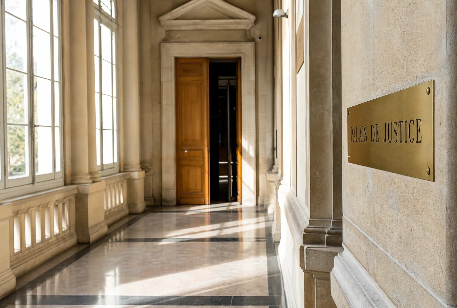 Couloir vide du palais de justice à Paris, lumière naturelle claire et ambiance institutionnelle sobre.