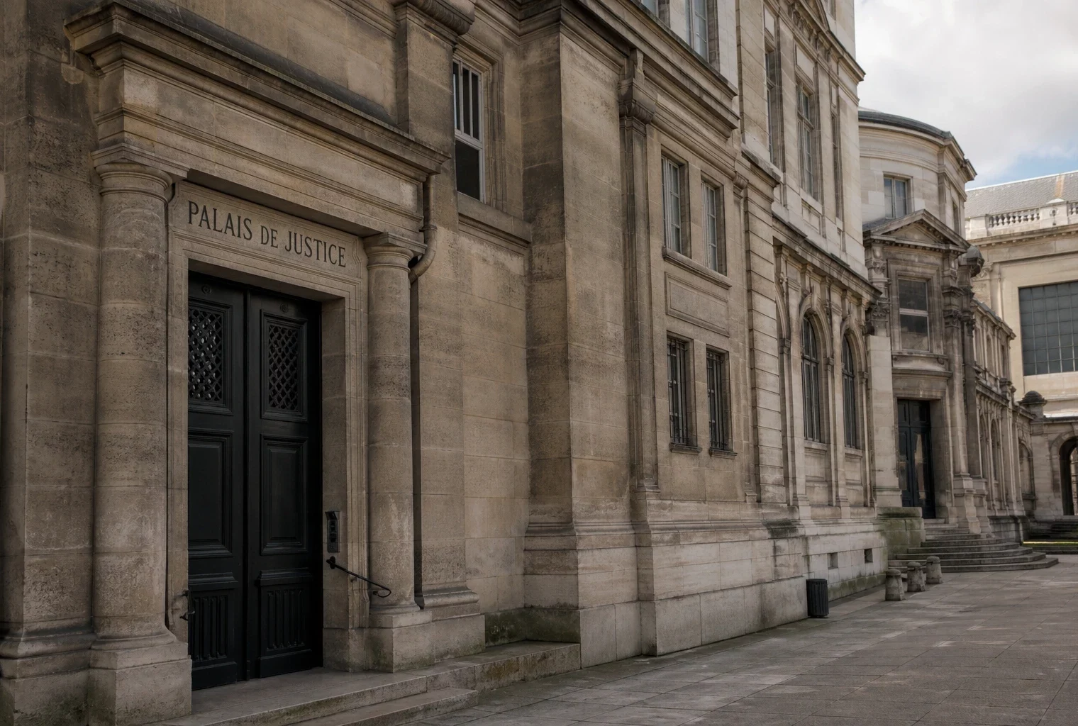 Façade du Palais de Justice à Paris sous une lumière claire, avec entrée institutionnelle et cour vide.