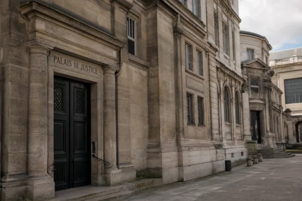 Façade du Palais de Justice à Paris sous une lumière claire, avec entrée institutionnelle et cour vide.