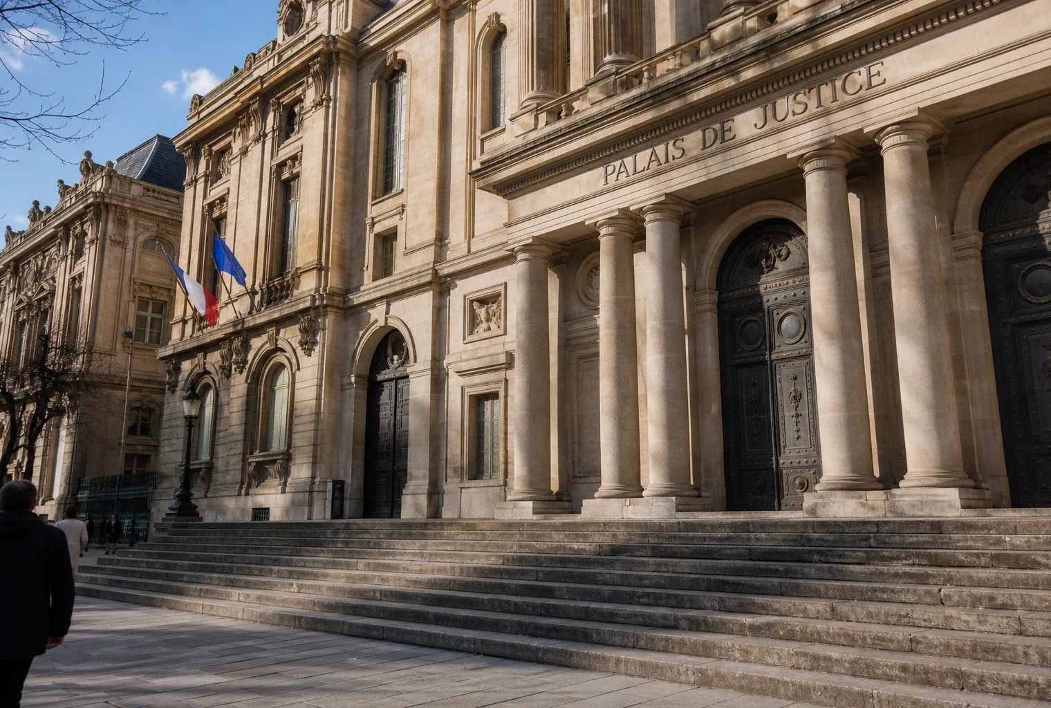 Façade du Palais de Justice à Paris sous une lumière naturelle claire, vue oblique et ambiance institutionnelle.