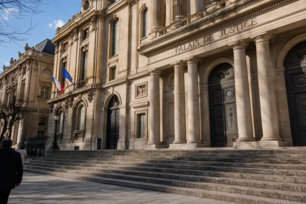 Façade du Palais de Justice à Paris sous une lumière naturelle claire, vue oblique et ambiance institutionnelle.