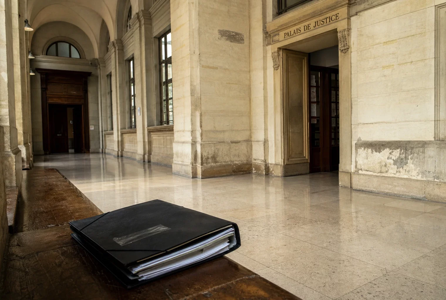 Couloir lumineux du Palais de Justice de Paris, avec un dossier juridique sur un banc et une ambiance institutionnelle calme.