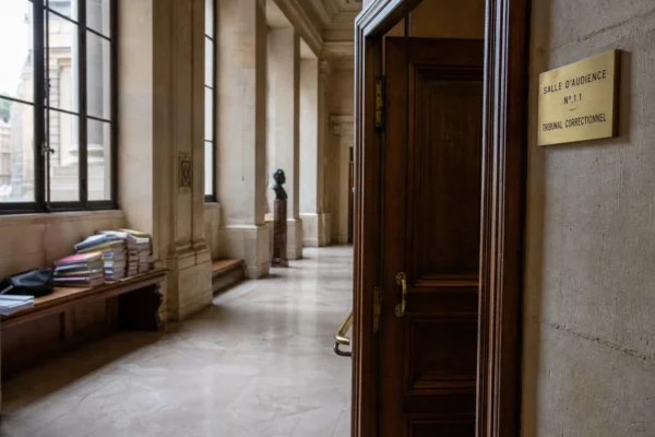 Intérieur lumineux du Palais de Justice de Paris, couloir vide en lumière naturelle et dossier juridique flou.