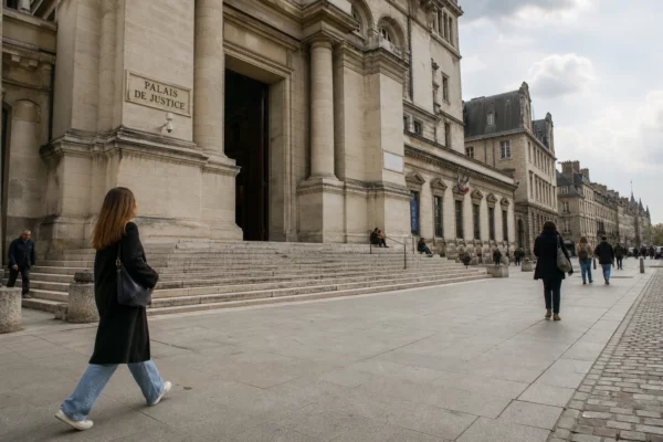 Façade du palais de justice de Paris en vue oblique, avec quelques passants anonymes sous une lumière naturelle claire.
