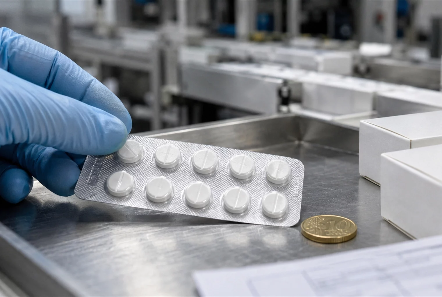 Main gantée tenant une plaquette de paracétamol près d’une pièce de dix centimes sur une ligne de production pharmaceutique.