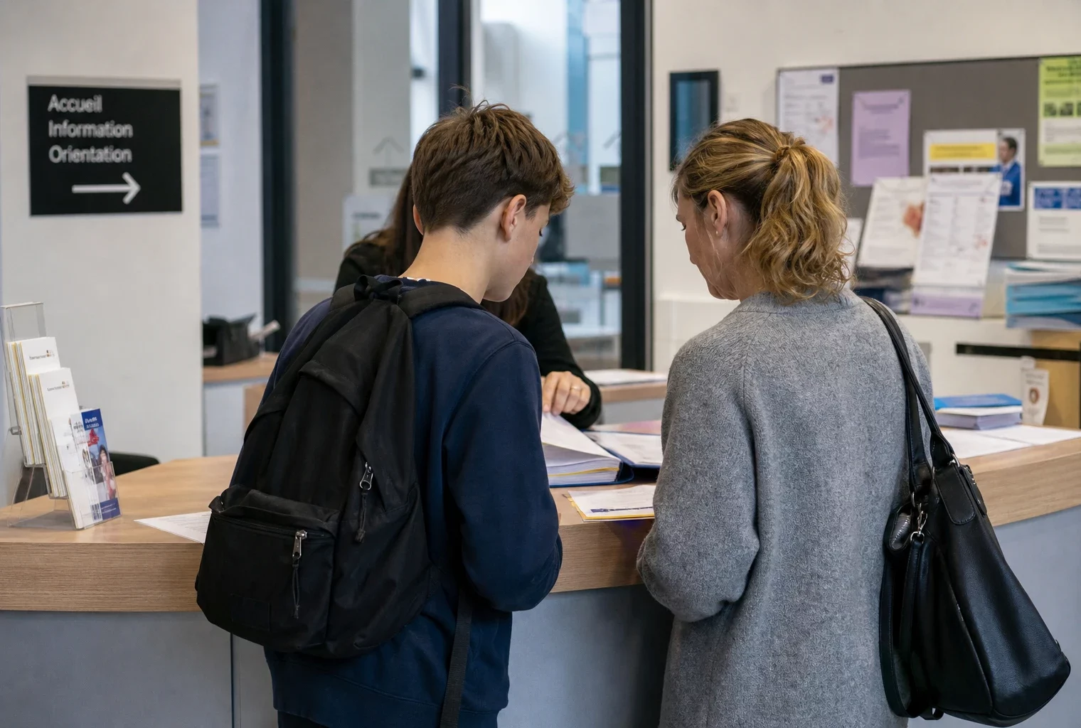Jeune candidat et parent dans un hall de service public, face à un comptoir d’orientation scolaire en lumière naturelle.