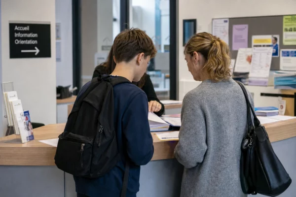 Jeune candidat et parent dans un hall de service public, face à un comptoir d’orientation scolaire en lumière naturelle.