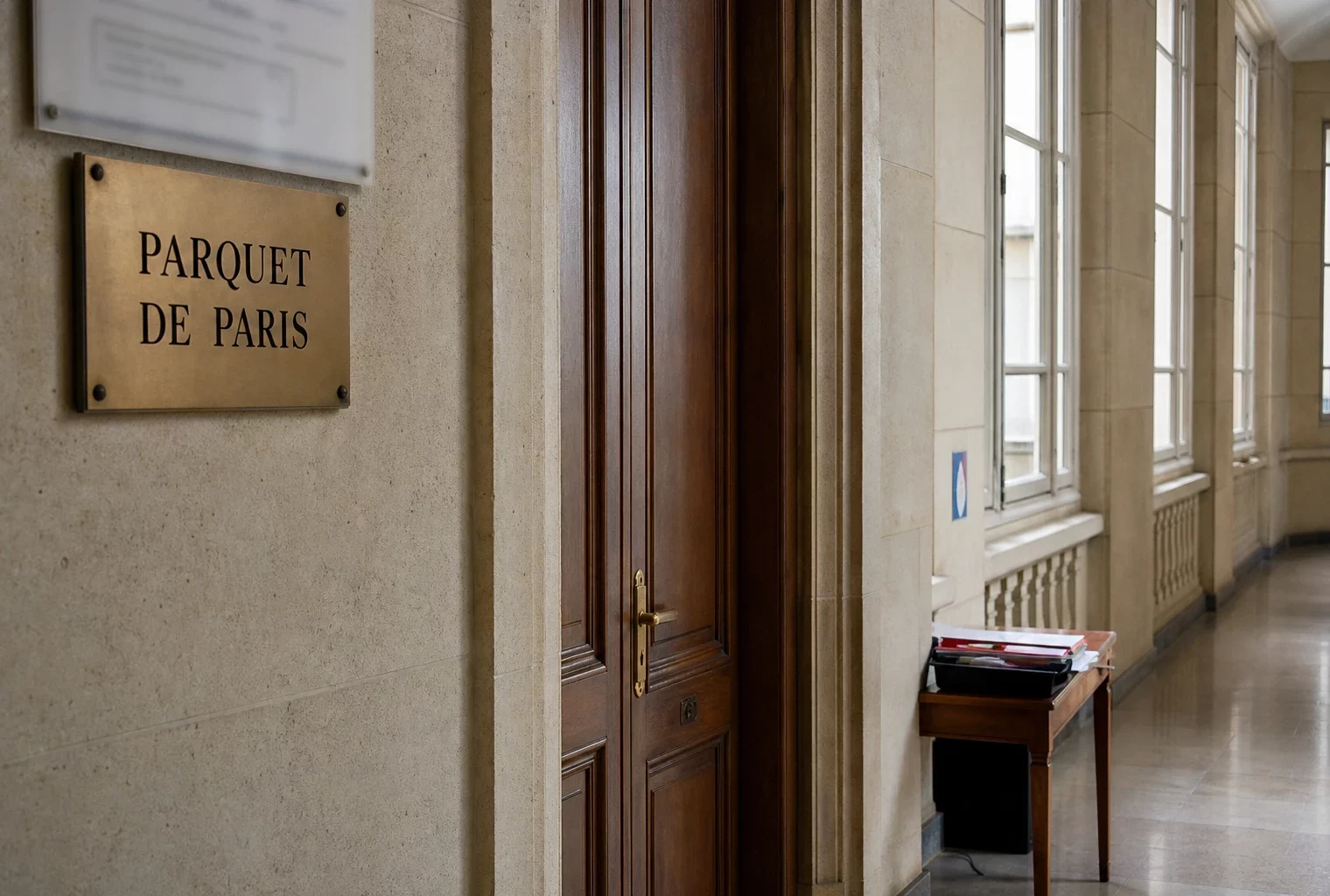 Couloir du parquet de Paris baigné de lumière naturelle, dans le cadre d’une enquête après la mort de Kavinsky.