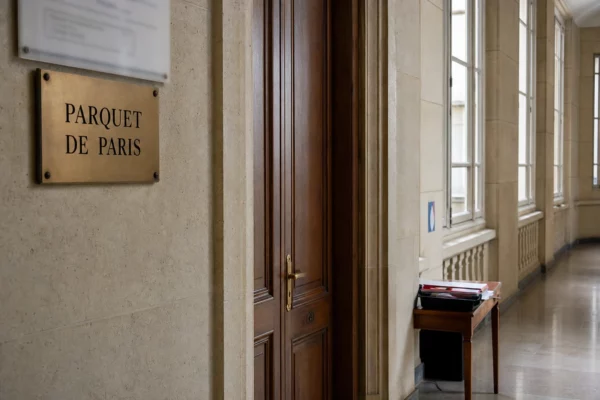 Couloir du parquet de Paris baigné de lumière naturelle, dans le cadre d’une enquête après la mort de Kavinsky.