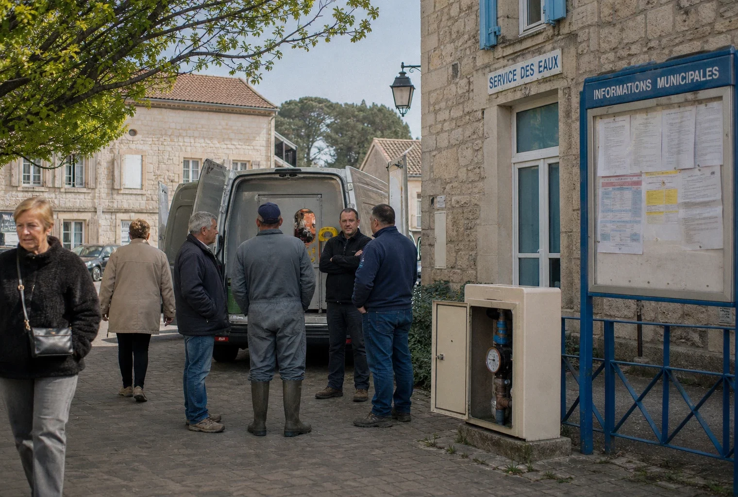 Scène de rue en ville moyenne française près d’une mairie, avec habitants et service public de l’eau.