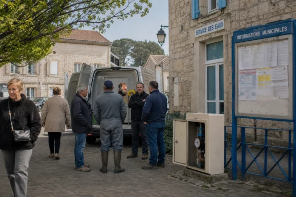 Scène de rue en ville moyenne française près d’une mairie, avec habitants et service public de l’eau.