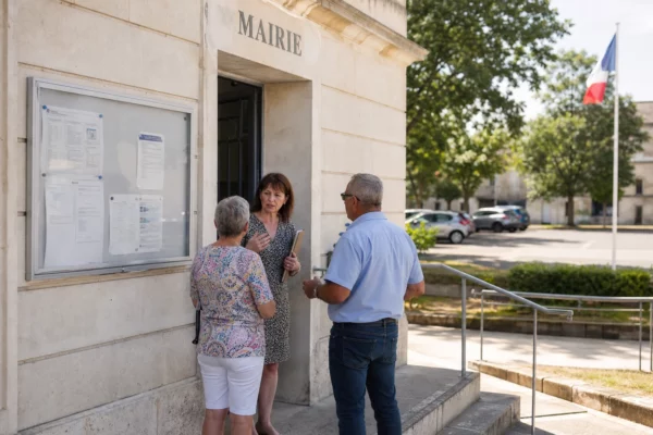 Parvis d’une mairie de province avec des habitants en discussion, scène de vie citoyenne en pleine lumière