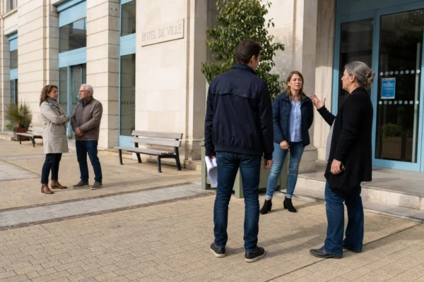 Des habitants échangent devant une mairie française, dans une scène de vie civique claire et réaliste.